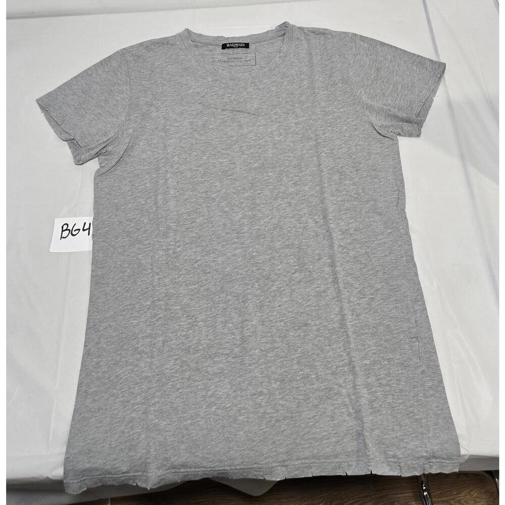 Balmain Paris Grey Distressed Cotton Tee - Size L